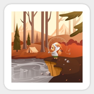 Cartoon illustration of a cute funny fox cub on a fishing trip Sticker